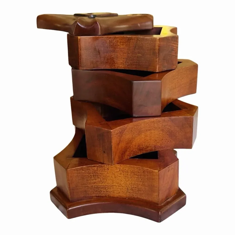 Vintage Bombay Co Wooden Jewelry Box 4 Tiered Swivel Trays Red Velour Lined